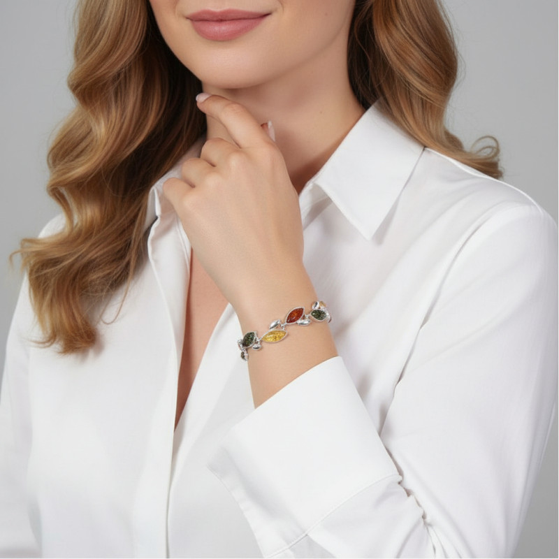 Bracelet Argent 925 et Ambre Multicolore porté