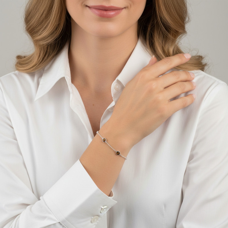 Bracelet Argent 925 Oeil de tigre et Oxyde de zirconium porté