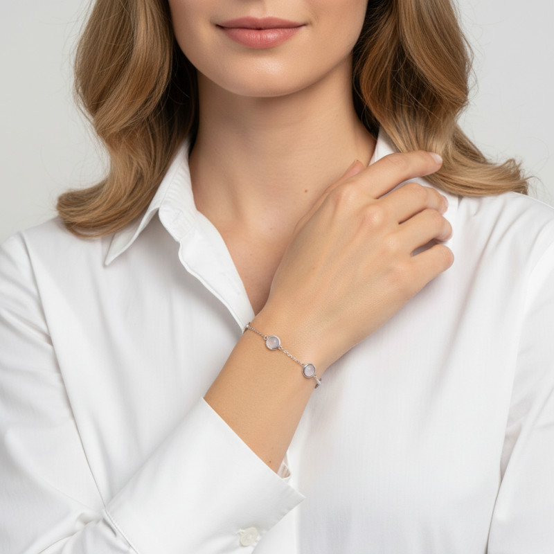 Bracelet Argent 925 Rhodié Calcédoine Coussin porté