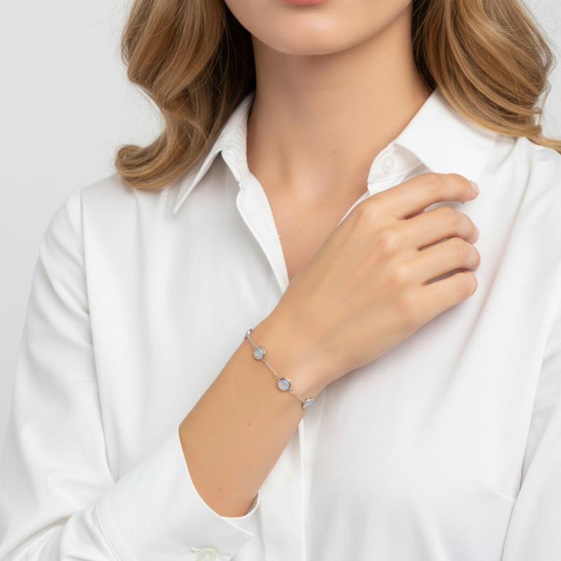 Bracelet Argent 925 Rhodié Calcédoine Ronde porté