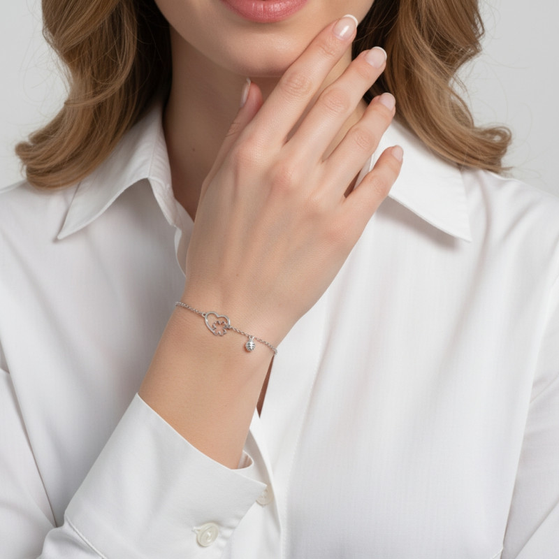 Bracelet Argent 925 rhodié Coeur trèfle et coccinelle porté
