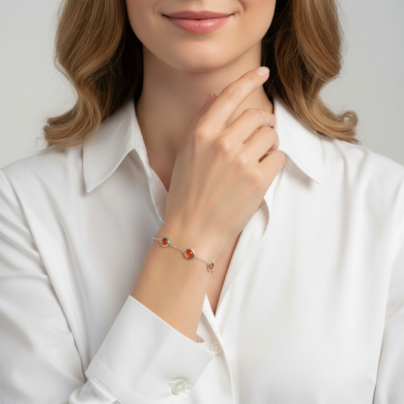 Bracelet Argent 925 Rhodié Cornaline Ronde porté