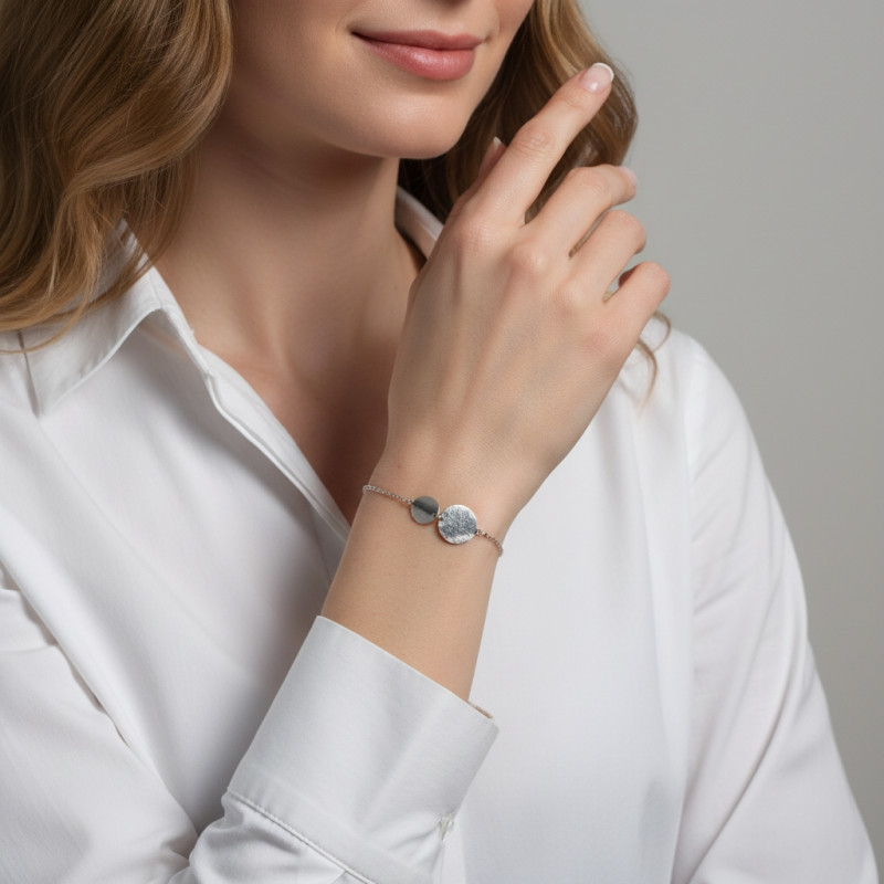 Bracelet Argent 925 rhodié Disque brossé et lisse porté