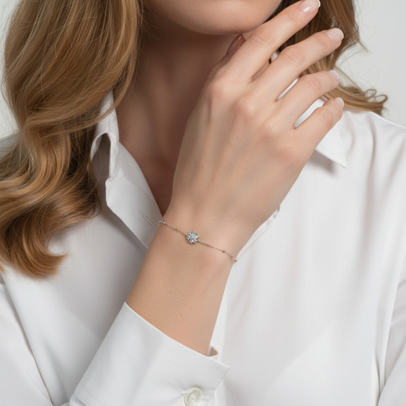 Bracelet Argent 925 rhodié Fleur porté