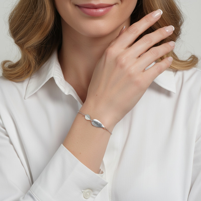 Bracelet Argent 925 rhodié Goutte lisse et brossée porté