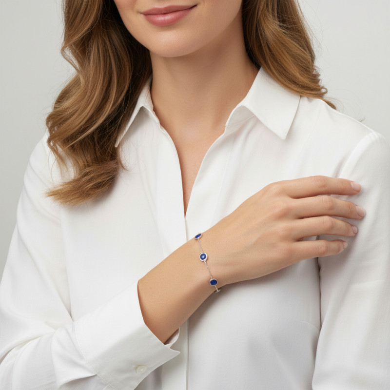 Bracelet Argent 925 Rhodié Lapis Lazuli Coussin porté