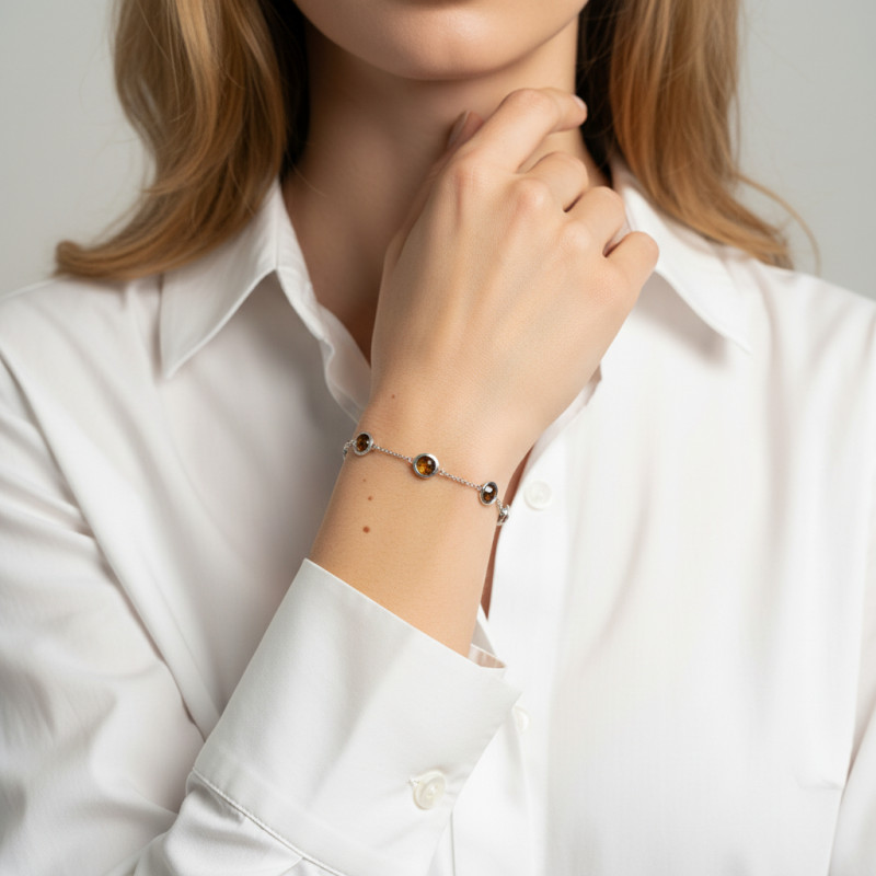 Bracelet Argent 925 Rhodié Oeil de tigre Rond porté