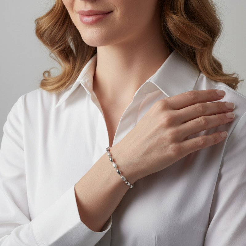 Bracelet Argent 925 rhodié Olives lisses et satinées porté