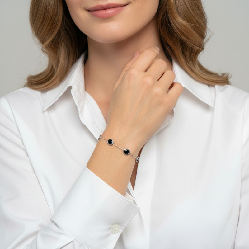 Bracelet Argent 925 Rhodié Onyx Coussin porté