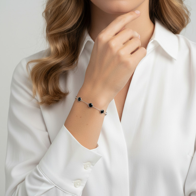 Bracelet Argent 925 Rhodié Onyx Rond porté