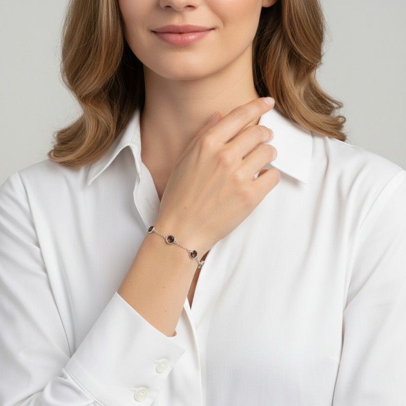 Bracelet Argent 925 Rhodié Quartz Fumé Rond porté