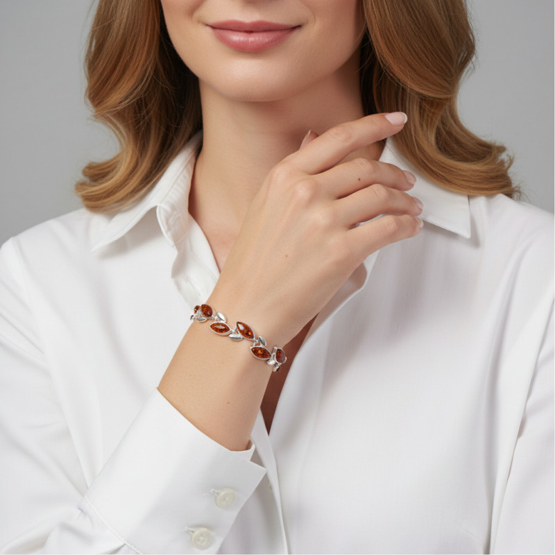 Bracelet Argent  Ambre Marquise 12mm x 20cm porté