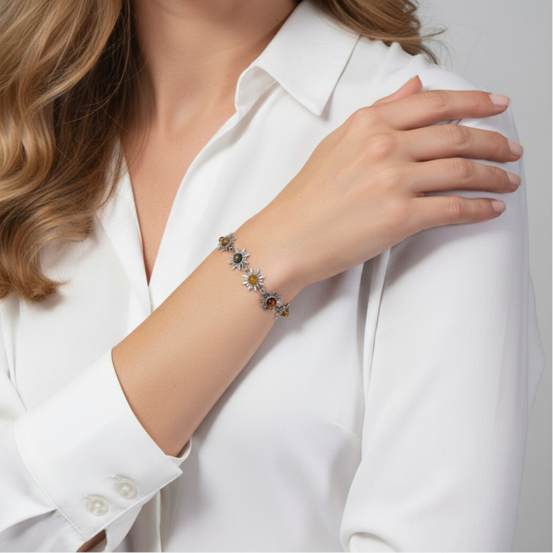 Bracelet Argent  Ambre Multicolore Motif Soleil porté