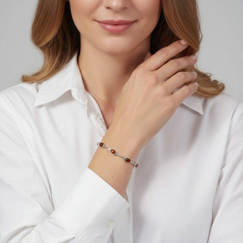 Bracelet Argent  Ambre Ovales 8x6mm porté