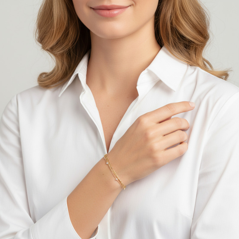 Bracelet Argent Doré 3 rangs avec oxydes de zirconium porté