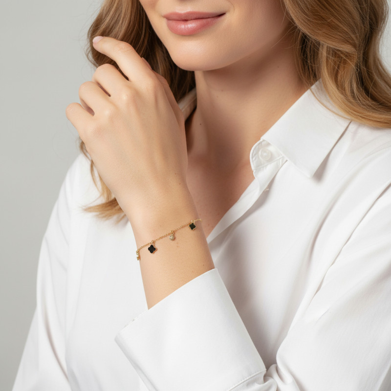 Bracelet Argent Doré Breloques fleur et oxydes de zirconium porté