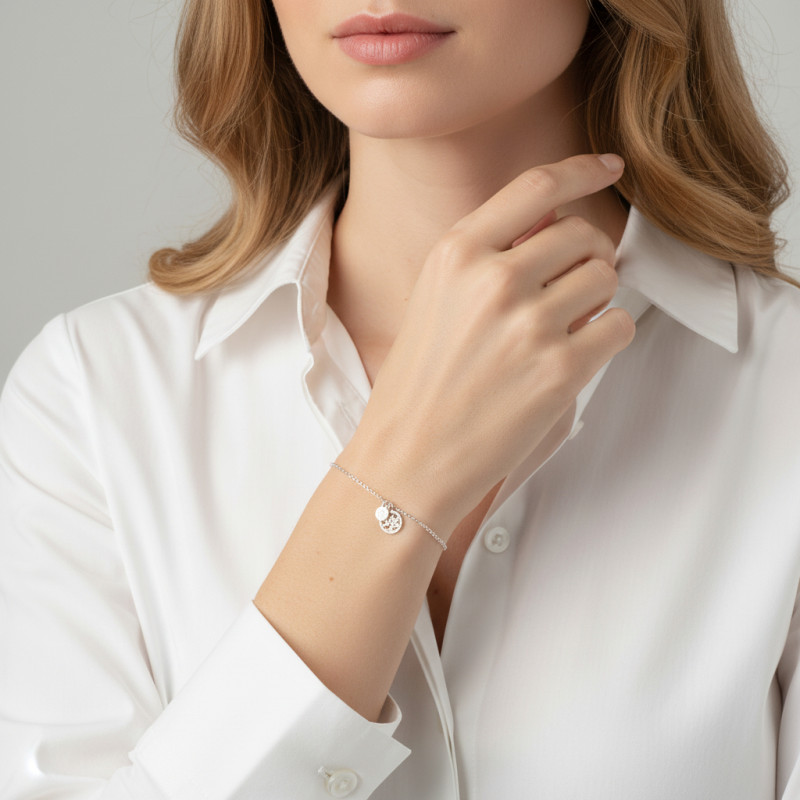Bracelet Argent Rhodié Arbre de vie et Oxydes de zirconium porté