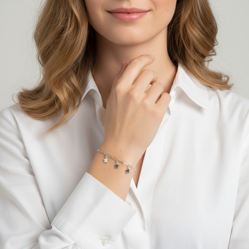 Bracelet Argent Rhodié Breloques étoiles porté