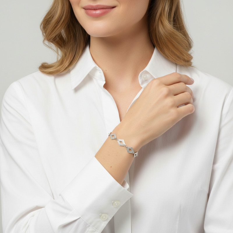 Bracelet Argent Rhodié Brossé Losanges porté