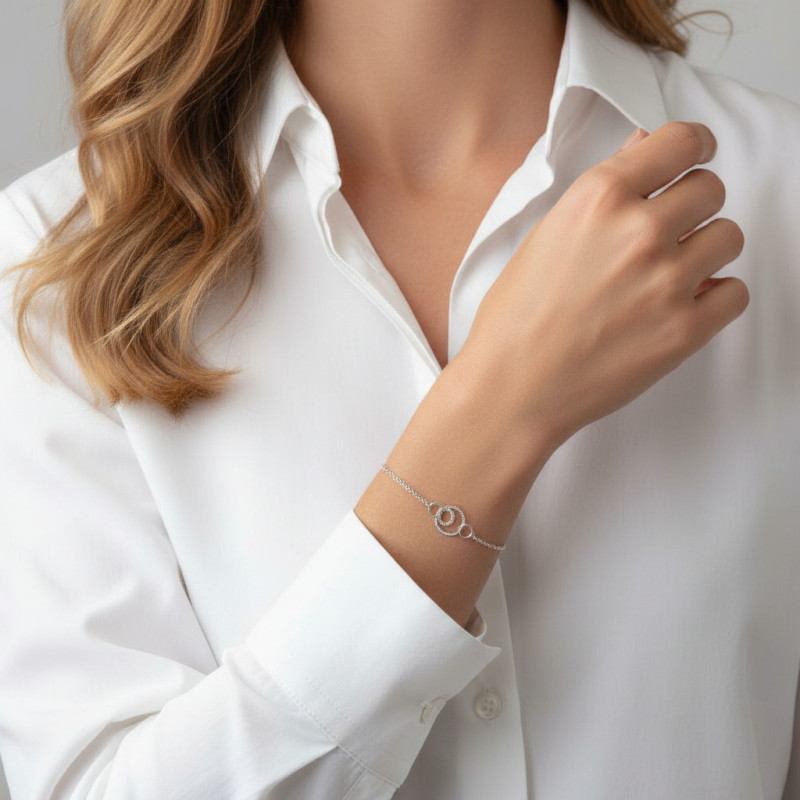 Bracelet argent rhodié cercles entrelacés et coeur porté