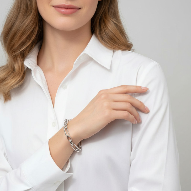 Bracelet Argent Rhodié Maille alterné  porté