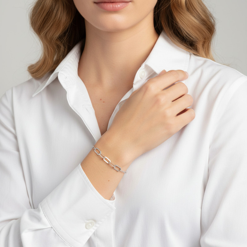 Bracelet Argent Rhodié Maillons Hexagonaux porté