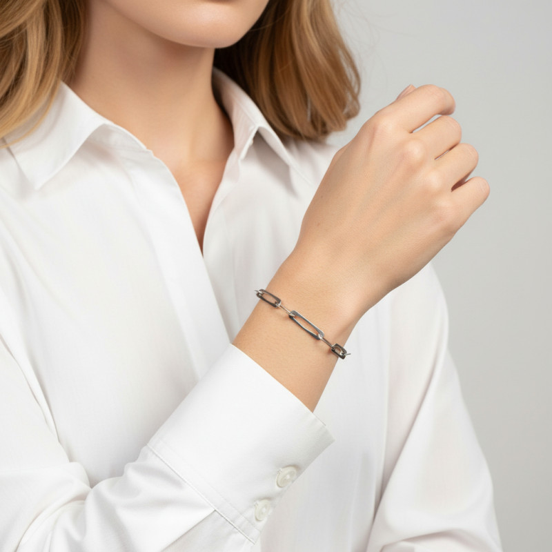 Bracelet Argent Rhodié Maillons rectangulaires porté