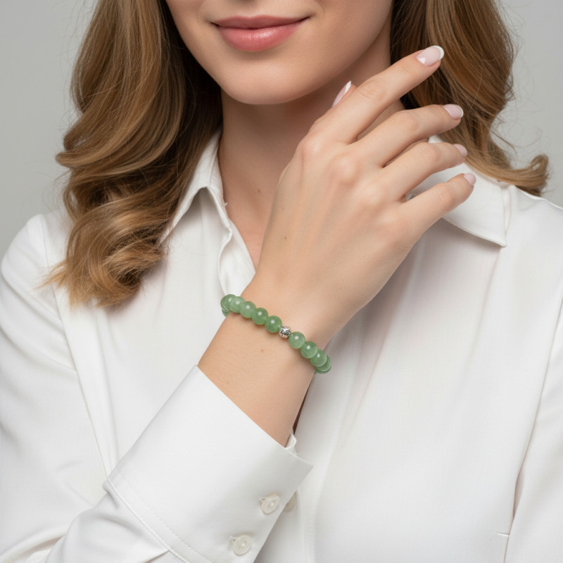 Bracelet Aventurine 8mm et Oeil porte bonheur en métal porté