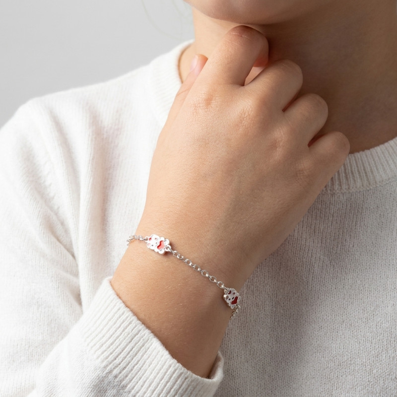 Bracelet Enfant Argent  Chat et Coeur Emaillés porté
