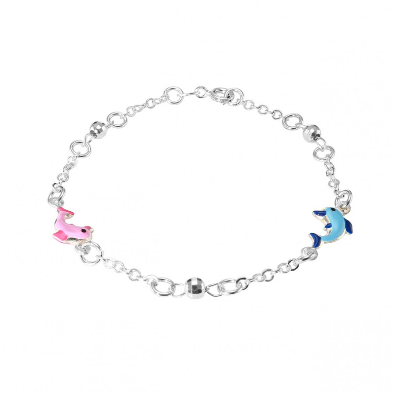 Bracelet Farandole Rétro – Émail Rose Et Bleu – Couleur Argent – Occasion En Excellent état – Bijou Fantaisie