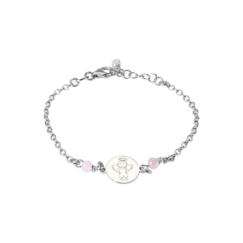 Bracelet Enfant Argent Rhodié Ange et Perles roses