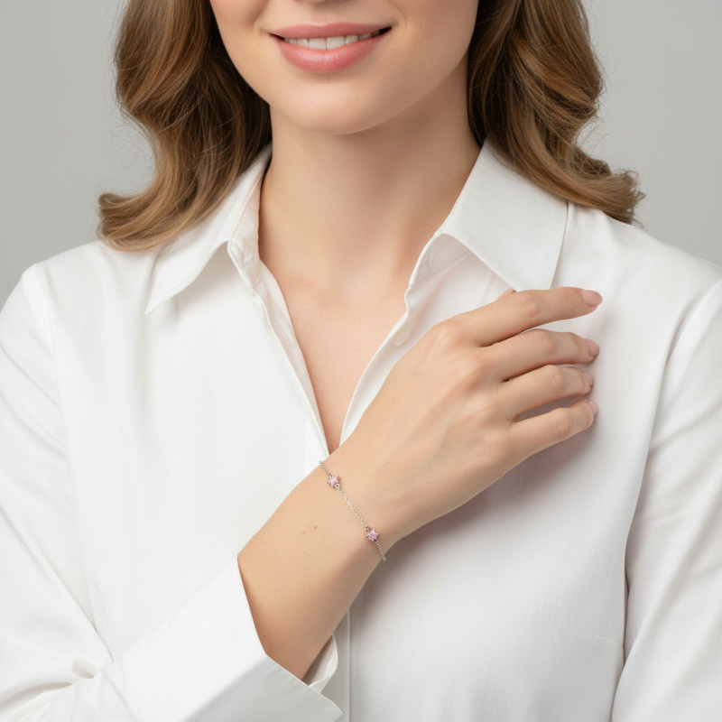Bracelet Enfant Argent rhodié étoiles roses émail porté