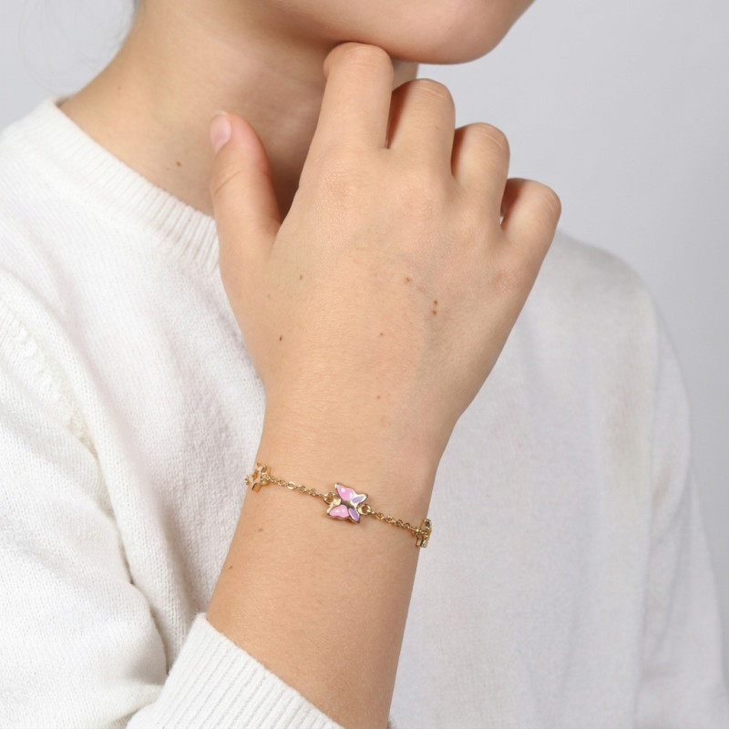 Bracelet enfant or jaune 375 papillon et étoiles 7,9mm x 14cm porté