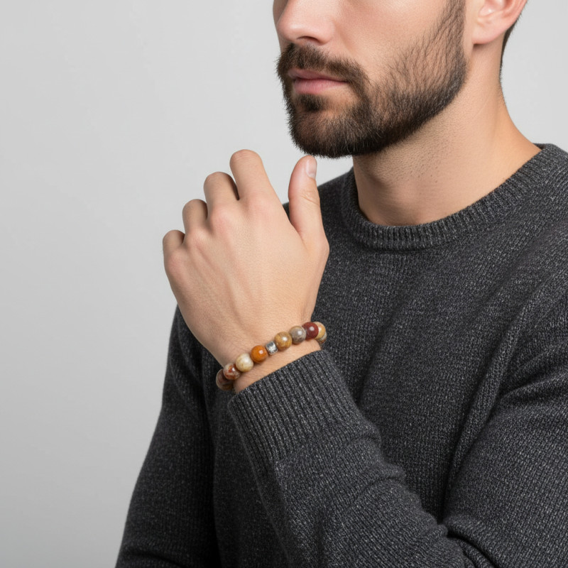 Bracelet Homme Agate Crazy Lace 8mm et billes striées en acier porté