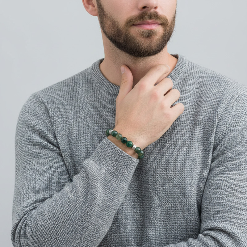 Bracelet Homme Agate Mousse 8mm et billes striées en acier porté
