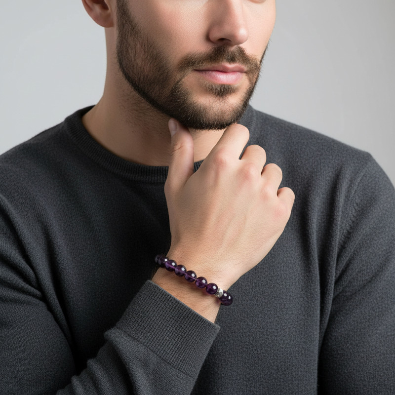 Bracelet Homme Améthyste 8mm et billes striées en acier porté