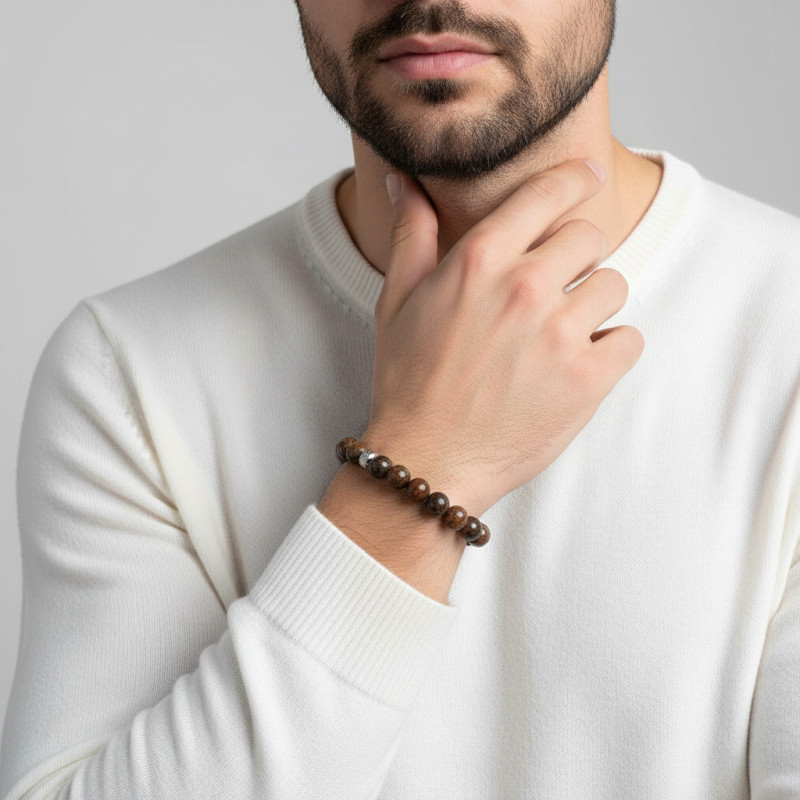Bracelet Homme Bronzite 8mm et billes striées en acier porté
