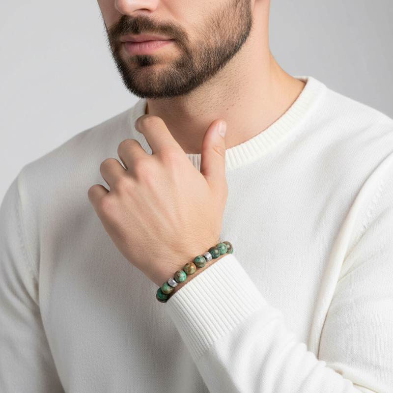 Bracelet Homme Chrysocolle 8mm et billes striées en acier porté