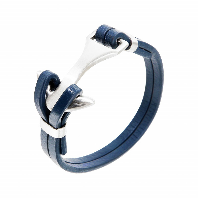Bracelet homme cuir bleu marine et acier motif ancre 2,4x21cm