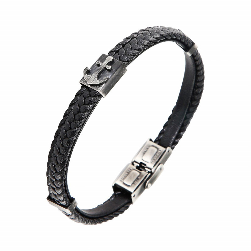 Bracelet homme cuir noir tressé motif ancre 0,9x20cm