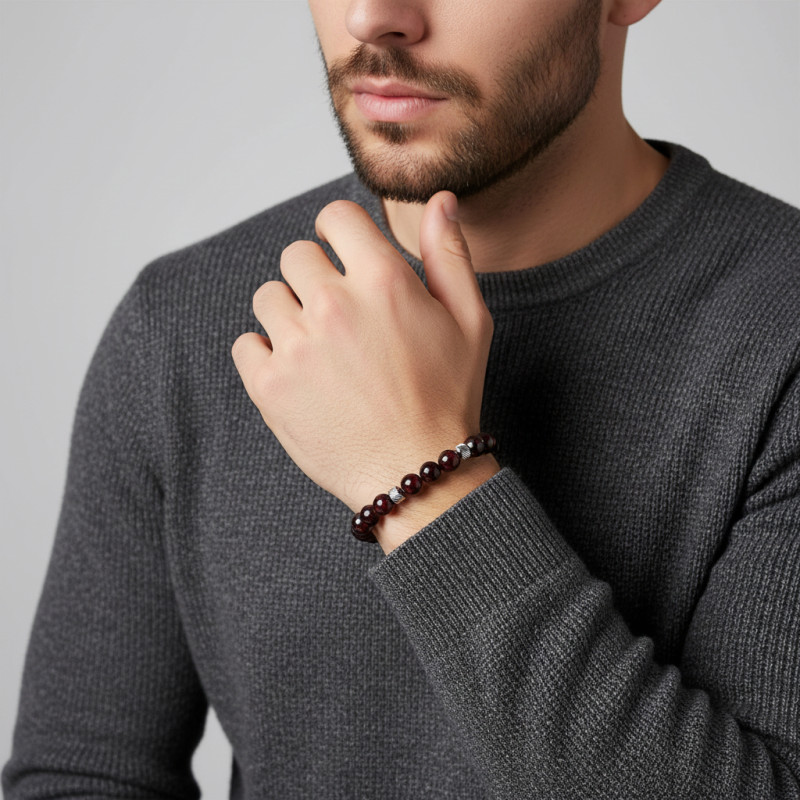 Bracelet Homme Grenat 8mm et billes striées en acier porté