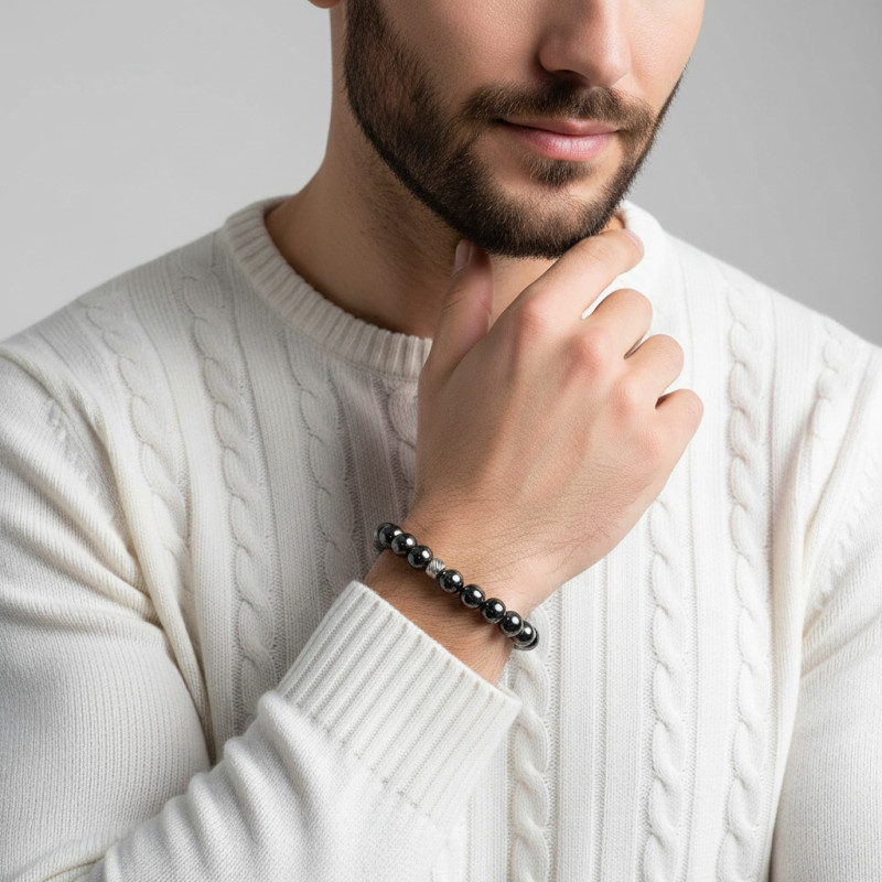 Bracelet Homme Hematite 8mm et billes striées en acier porté