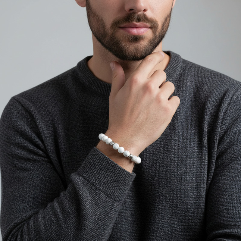 Bracelet Homme Howlite 8mm et billes striées en acier porté
