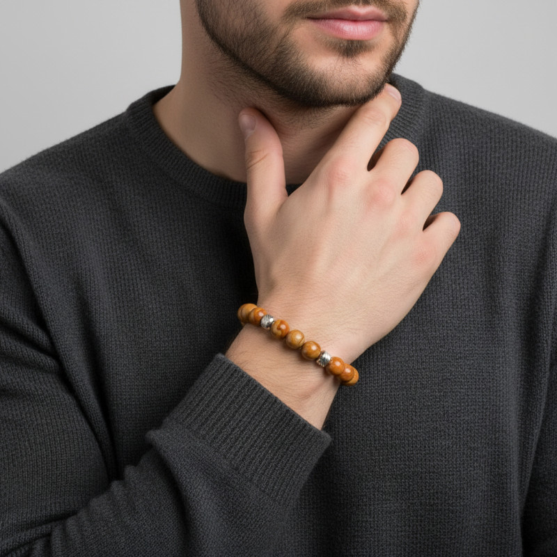 Bracelet Homme Jaspe Bois 8mm et billes striées en acier porté