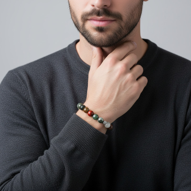 Bracelet Homme Jaspe Heliotrope 8mm et billes striées en acier porté