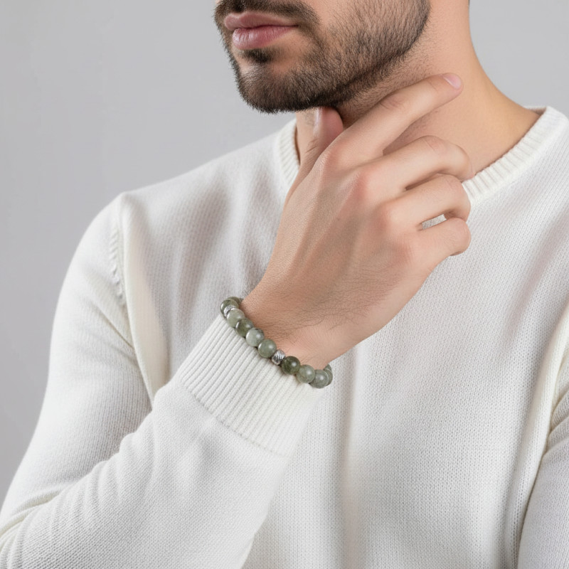 Bracelet Homme Labradorite 8mm et billes striées en acier porté