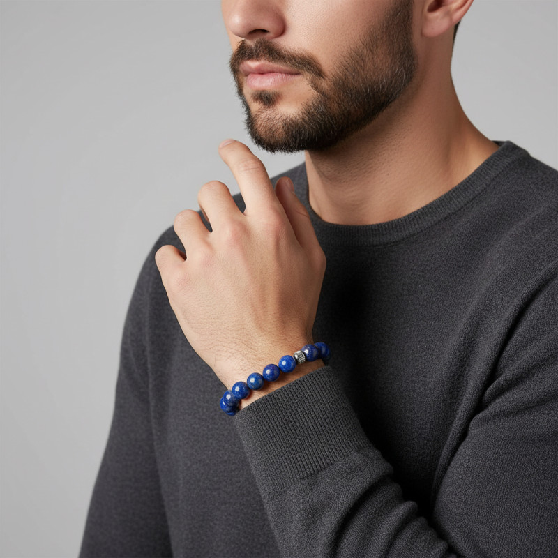Bracelet Homme Lapis 8mm et billes striées en acier porté