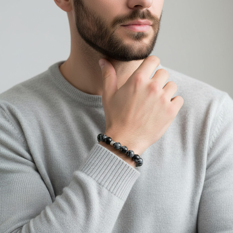 Bracelet Homme Obsidienne 8mm et billes striées en acier porté