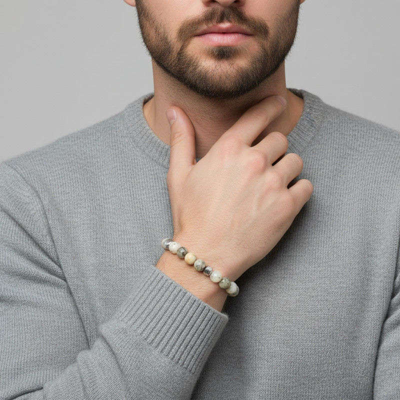 Bracelet Homme Opale dendritique 8mm et billes striées en acier porté
