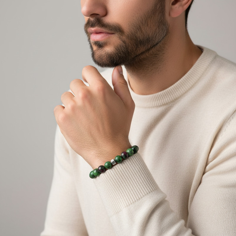 Bracelet Homme Rubis Zoisite 8mm et billes striées en acier porté